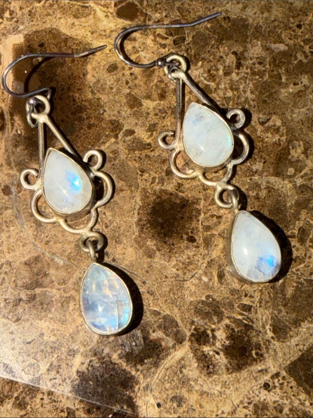 Artisan rainbow Moonstone Double Teardrop Dangle Earrings sterling silver